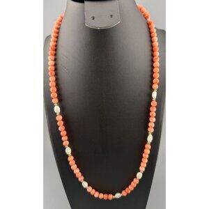 Vintage Salmon Pink Bead Necklace Freshwater Pearls 14K Gold Clasp 24”
